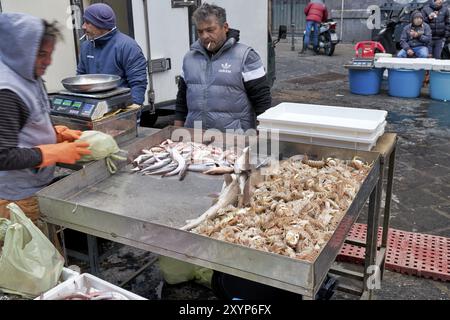 Costa Piscaria, die Straße täglich Markt in Catania Sizilien Italien. Frischer Fisch, Fleisch, Gemüse Stockfoto