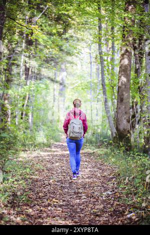 Junge Frau geht im Frühling durch den Wald Stockfoto