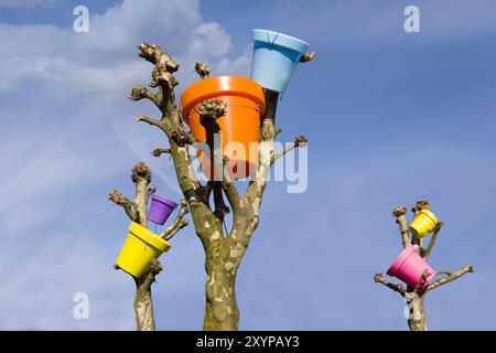 Verschiedenfarbige Blumentöpfe als Dekoration in einem Baum Stockfoto