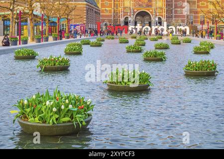 Amsterdam, Niederlande, 31. März 2016: Wasser und bunte Tulpenblumen, Rijksmuseum und Menschen vor dem Schreiben, I amsterdam, Museumplein, Hollan Stockfoto