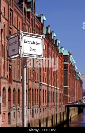 Speicherstadt Hamburg, Kehrwiedersteg, groesster auf Eichenpfaehlen gegruendeter Lagerhauskomplex der Welt Stockfoto