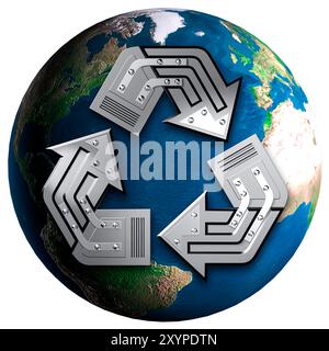 Künstlerisches Recycling-Symbol über der Erde Erdkugel konzeptionelle 3D-Illustration Umwelt- und Umweltkonzept isoliert auf weißem Hintergrund Stockfoto