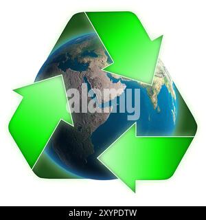 Illustration eines Recycling-Symbols über der Erdkugel konzeptionelle 3D-Illustration Umwelt- und Umweltkonzept isoliert auf weißem Hintergrund Stockfoto