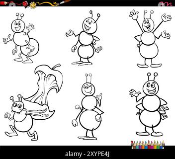 Comic humorvolle Illustration von Comic Ameisen Insekten Tierfiguren Set Ausmalseite Stock Vektor