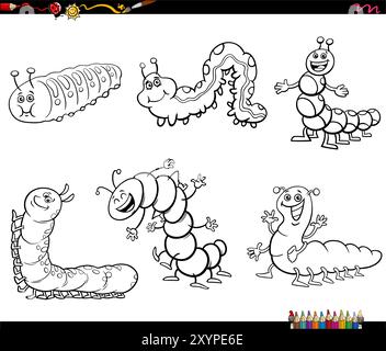 Comic humorvolle Illustration von Comic Raupen Insekten Tierfiguren Set Ausmalseite Stock Vektor