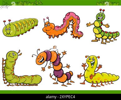 Comic humorvolle Illustration von komischen Raupen Insekten Tierfiguren Set Stock Vektor