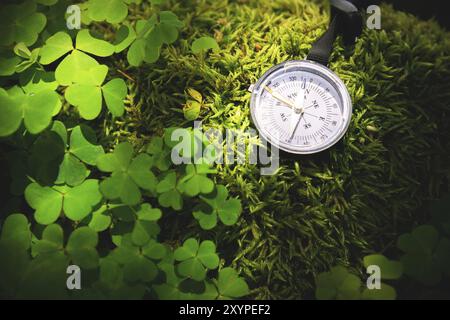 Nahaufnahme handgemachter hölzerner Kompass, Baumschatten auf grünem Naturgras. Urlaubsabenteuer im Wald. Kompass gibt Richtung an. Abstrakt und Kunst Stockfoto