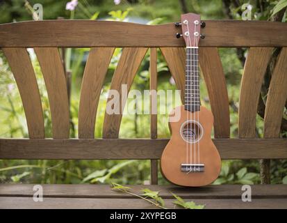 Ukulele auf einer hölzernen Parkbank im Sommer, Grünfläche im verschwommenen Hintergrund Stockfoto