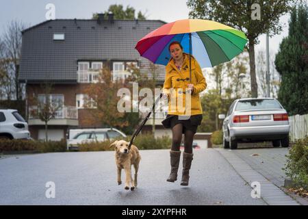 Junge Frau mit Hund, die auf der Straße in einem Wohngebiet läuft Stockfoto