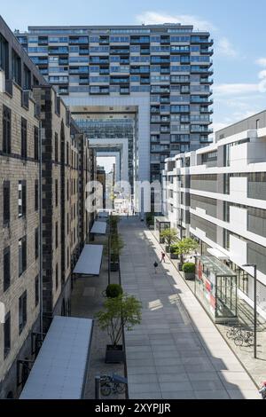 Kranhäuser und Wohnhäuser im Zollhafen Stockfoto