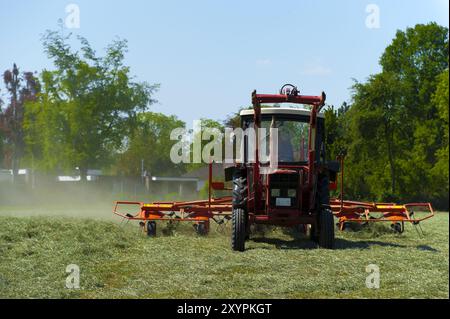 Traktor im Frühjahr bei der Heukurve Stockfoto