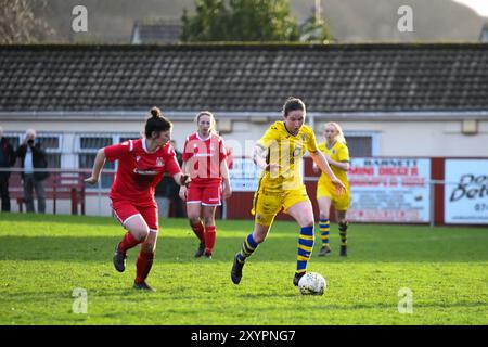 Briton Ferry, Wales. 12. Januar 2020. Lauren Smith von den Swansea City Ladies wird am 12. Januar 2020 während des Spiels der Orchard Welsh Premier Women's League zwischen Briton Ferry Llansawel Ladies und Swansea City Ladies in der Old Road in Briton Ferry, Wales, Großbritannien, angegriffen. Quelle: Duncan Thomas/Majestic Media. Stockfoto