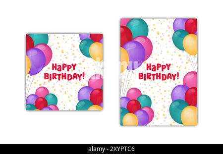 Happy Birthday Grußkarten Set mit 2 Designs. Vektorabbildung. Vorlagen für quadratische und vertikale Grußkarten. Heliumballons bunt und tu Stock Vektor