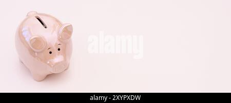 Schweinebank auf einem weißen Tisch. Hell aufleuchten. Heller weißer isolierter Hintergrund. Kopierbereich, Leerzeichen für Text Stockfoto