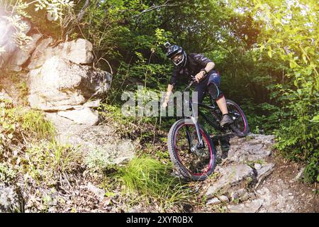 Ein junger Fahrer auf einem Fahrrad, der bergab fährt, steigt die Felsen im Wald ab Stockfoto