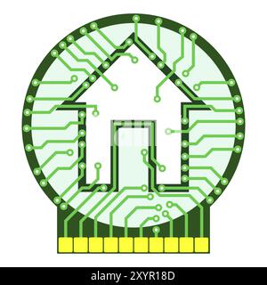 Konzeptuelle Illustration des Connected Home-Logos. Leiterplatte mit Haussymbol auf weißem Hintergrund. Vektorgrafik ist auf Anfrage erhältlich Stockfoto
