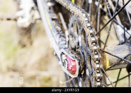 Motorrad-Trial und Enduro am Hinterrad. Montiert auf Radgetriebe und Kette mit Speichen. Nahaufnahme des Hinterrads eines Geländemotorrads Stockfoto