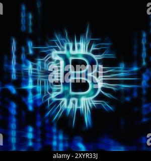 Bitcoin ? Kryptowährung, digitales dezentralisiertes Währungssymbol. Konzeptionelle dynamische fraktale Darstellung eines Bitcoins, der mit einem Blockchain-Netzwerk verbunden ist Stockfoto