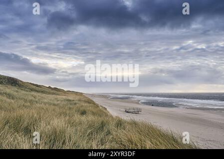 Kleine Plattform auf einer einsamen Sandstrand mit Küsten Gräser wachsen auf Dünen unter einem bewölkten stürmischen Himmel und weißen Leistungsschalter im Ozean Stockfoto