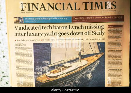 „Vindicated Tech Baron Lynch missing After Luxury Yacht goes down off Sizilily“ Italien FT Financial Times Titelzeile der Tageszeitung 20 August 2024 UK Stockfoto