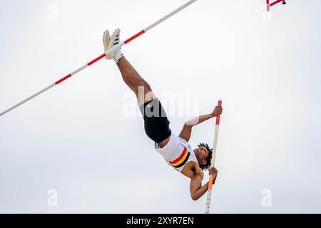 Lima, Peru. 30. August 2024. Der belgische Dai Keita wurde während der Stabhochsprung-Veranstaltung des Männer-Decathlon bei der U20-Weltmeisterschaft in der Leichtathletik am Freitag, den 30. August 2024, in Lima, Peru gezeigt. Die Weltmeisterschaften finden vom 27. Bis 31. August statt. BELGA PHOTO SONYA MALETER Credit: Belga News Agency/Alamy Live News Stockfoto