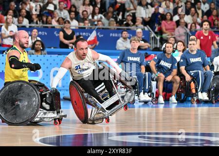 Paris, Frankreich. 30. August 2024. Rollstuhl Rugby aus vs. FRA 24.08.30. Credit: Michael Crawford-Hick/Alamy Live News Stockfoto