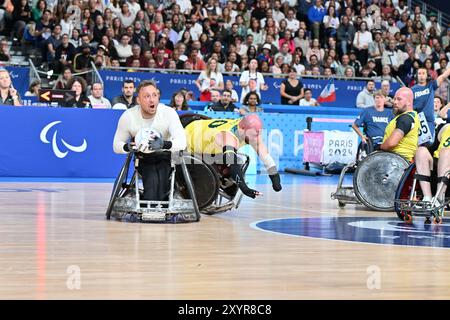Paris, Frankreich. 30. August 2024. Rollstuhl Rugby aus vs. FRA 24.08.30. Credit: Michael Crawford-Hick/Alamy Live News Stockfoto