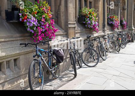 Oxford City Centre Street mit wunderschönen hängenden Körben und Fahrrädern Fahrräder, die im Sommer Großbritannien England 2024 gegen eine Gebäudewand gelehnt sind KATHY DEWITT Stockfoto