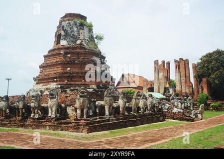 Singha- oder Löwenstatuen rund um die Hauptpagode am Wat Thammickarat haben sich im Laufe der Zeit verschlechtert, zeigen aber auch die Pracht und zeigen die Antike. Stockfoto