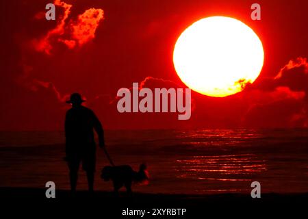 Isle Of Palms, Usa. 30. August 2024. Ein Mann spaziert mit seinem Hund entlang des von der Sonne umrahmten Strandes, während er über dem Atlantischen Ozean in Wild Dunes, 30. August 2024 in Isle of Palms, South Carolina, aufgeht. Quelle: Richard Ellis/Richard Ellis/Alamy Live News Stockfoto