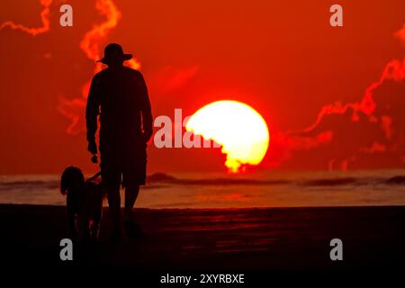 Isle Of Palms, Usa. 30. August 2024. Ein Mann spaziert mit seinem Hund entlang des von der Sonne umrahmten Strandes, während er über dem Atlantischen Ozean in Wild Dunes, 30. August 2024 in Isle of Palms, South Carolina, aufgeht. Quelle: Richard Ellis/Richard Ellis/Alamy Live News Stockfoto