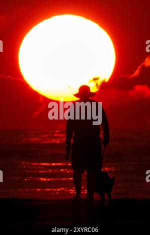 Isle Of Palms, Usa. 30. August 2024. Ein Mann spaziert mit seinem Hund entlang des von der Sonne umrahmten Strandes, während er über dem Atlantischen Ozean in Wild Dunes, 30. August 2024 in Isle of Palms, South Carolina, aufgeht. Quelle: Richard Ellis/Richard Ellis/Alamy Live News Stockfoto