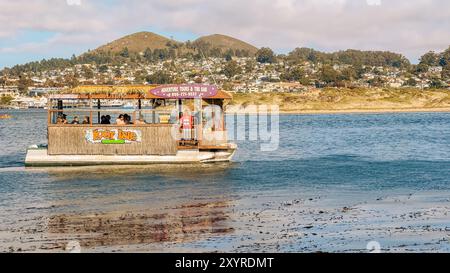 Morro Bay, Kalifornien, USA. Juli 2024. Ein Tiki-Boot bietet Abenteuertouren auf dem Wasser mit einer malerischen Küstenstadt im Hintergrund. Stockfoto