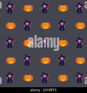 Nahtlos wiederkehrendes Muster von Halloween-Hexen und Kürbissen Stockfoto