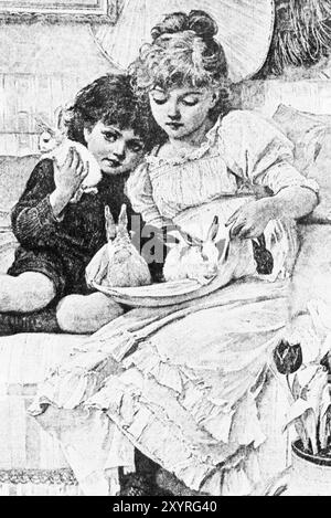 Kinder aus der viktorianischen Ära, die mit ihren Hauskaninchen spielten, um 1880 Stockfoto