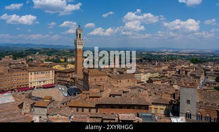 Blick von oben auf die Gebäude rund um den Campo-Platz (Piazza del Campo) und den Mangia-Turm (Torre del Mangia) in Santa, Stockfoto