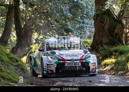 Aberystwyth, Dyfed, Großbritannien. 30. August 2024. 2024 FIA European Rallye Championship Day 1; Fahrer Meirion Evans und Beifahrer Jonathan Jackson in ihrem Toyota GR Yaris während der Rallye Shakedown Credit: Action Plus Sports/Alamy Live News Stockfoto