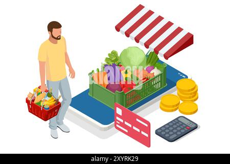 Online-Verkauf von Gemüse und Obst. Isometrischer Farmer verkauft frisches Obst und Gemüse. Natürliche frische Produkte. Verkäufer und Marketingkonzept. Landwirt Stock Vektor
