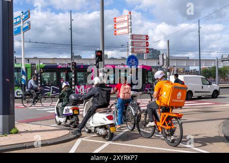 Radfahrer, Mopedfahrer, warten an einer roten Ampel des Radweges, Feijenoord, vor der Erasmus-Brücke, Rotterdam, Niederlande, Stockfoto