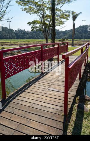 Ribeirão Pires, SP Brasilien. August 2024. Wunderschöne Brücke und Teich im Oriental Park. Milton Marinho De Moraes. Stockfoto