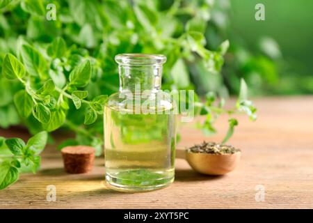 Ätherisches Öl in der Flasche, Löffel mit trockenem Kraut und Oregano-Zweigen auf Holztisch, Nahaufnahme Stockfoto