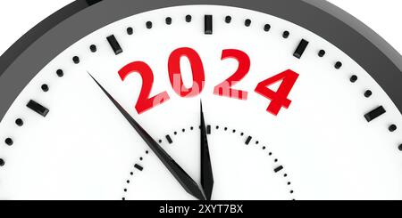 Schwarze Uhr mit der Nummer 2024 steht für das kommende neue Jahr 2024, dreidimensionales Rendering, 3D-Illustration Stockfoto