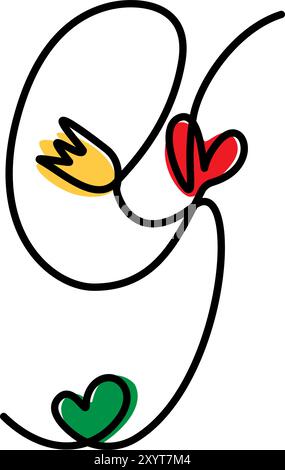9 handgezeichnete Zahl mit bunten Herzen und Tulpe, eine durchgehende Linie. Frühlingsbuchstabe Nine Line Art. Isoliert. Karten Inschrift, Poster, Banner, Preis, Etikett oder Web, Vektor-Illustration mit promotion Stock Vektor