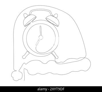 Ein durchgehender Wecker mit Santa Claus Hut. Thin Line Illustration Vektor Zeit des Weihnachtskonzepts. Konturzeichnung kreative Ideen. Stock Vektor