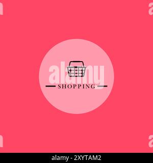 Im Inneren des Kreises ist ein schwarzer Warenkorb abgebildet, der über dem Text „SHOPPING“ in elegantem Design steht. Stock Vektor