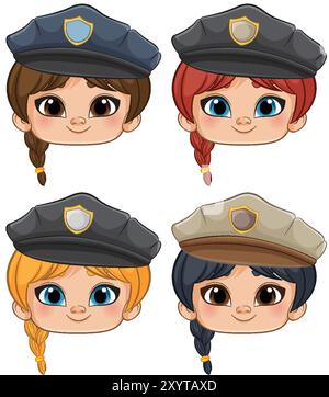 Vier Cartoon-Mädchen in Polizeiuniformen Stock Vektor