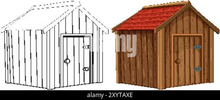 Detaillierte und umrissene Aussicht auf ein Holzhaus Stock Vektor