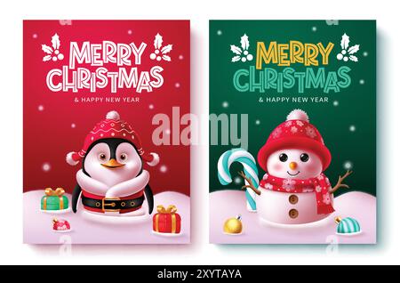 Frohe weihnachten Grußkarte Vektor Poster Set Design. Begrüßungstext zu Weihnachten und zum guten neuen Jahr mit Pinguinen und Schneemannfiguren in Rot Stock Vektor