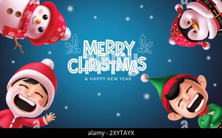 Weihnachtsfiguren Begrüßungsvektordesign. Frohe weihnachten und ein glückliches neues Jahr Begrüßungstext mit süßem weihnachtsmann, lächelndem Schneemann, glücklichem Elf und Elf Stock Vektor
