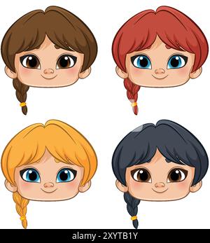 Vier Cartoon-Mädchen mit verschiedenen Haarfarben Stock Vektor